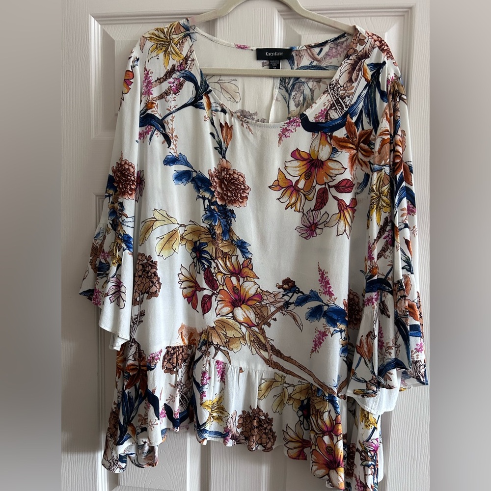 Karen Kane White Floral Ruffle-Hem Tunic with Multicolor Blooms